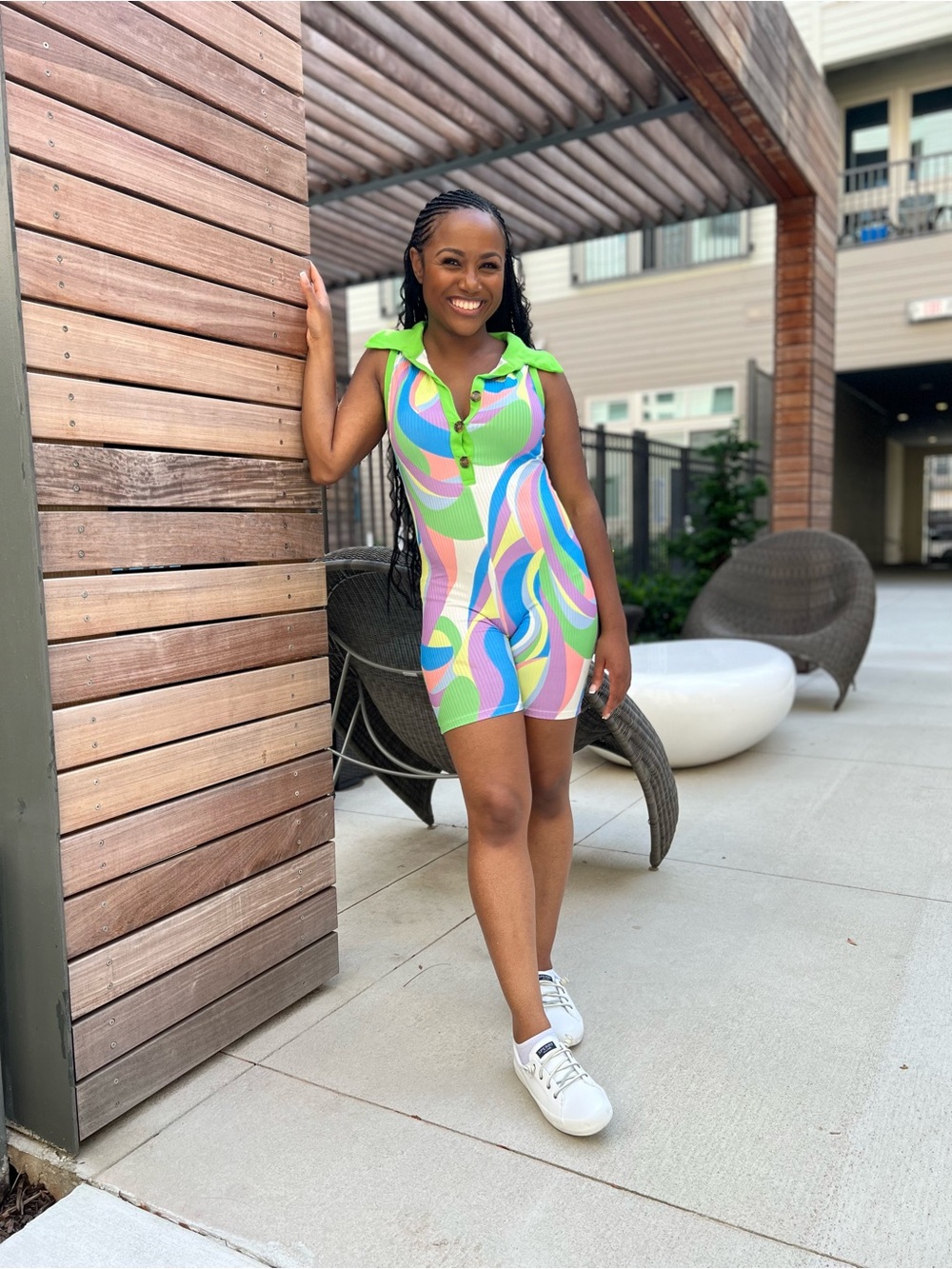 Bright Multi-Color Sleeveless Romper with Lime Collar